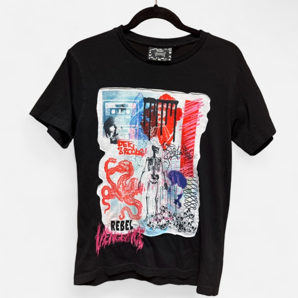 Rebel Vengeance Black T-Shirt with Embroidery and Printed Skeleton Appliqué